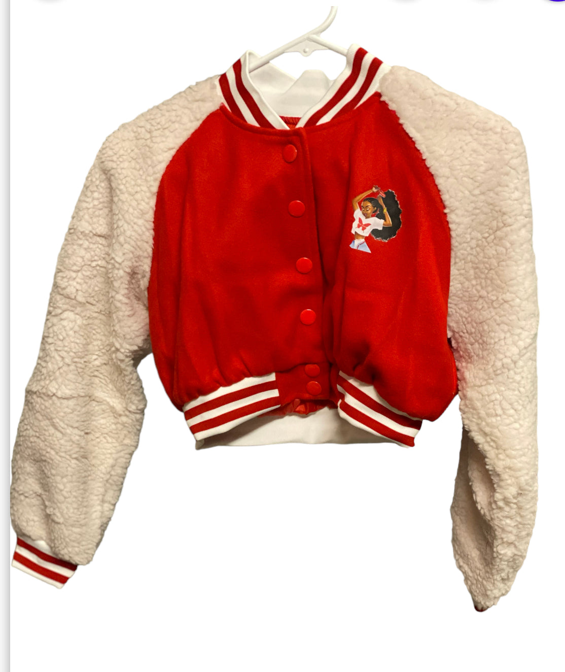 Red half cut baseball style ladies jacket